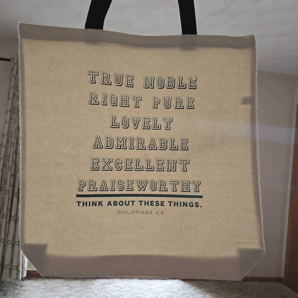 Canvas Tote Bag with Inspirational Philippians Quote - Black Text on Natural